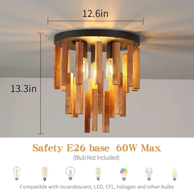 Alt view image 2 of 7 - 3-Light Semi Flush Mount Ceiling Lights Boho Wood Light Fixture Farmhouse Chandelier Oak and Black Ceiling Lighting with E26 for Kitchen Living Room Entryway Bedroom Dining Room
