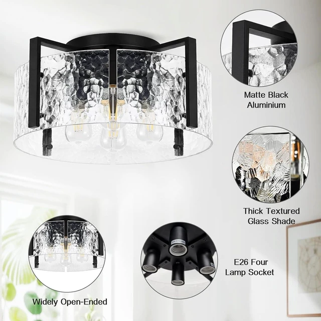 Alt view image 7 of 7 - 16" Semi-Flush Mount Ceiling Light, 4-Light Hammered Glass Drum Fixture