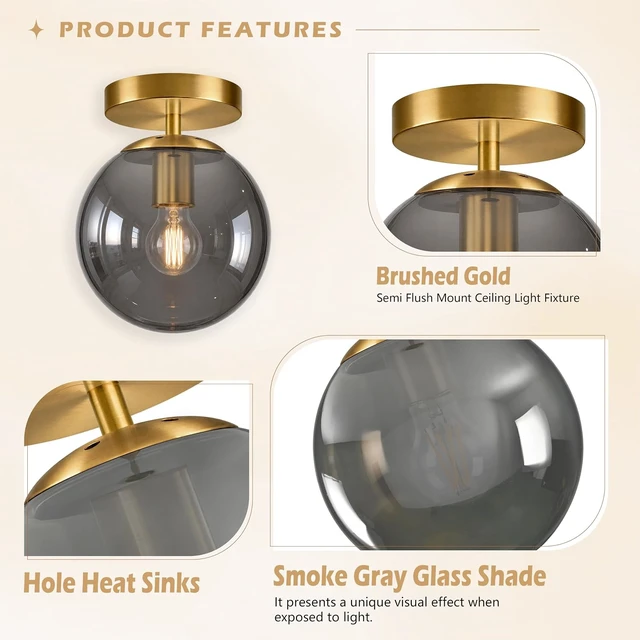 Alt view image 6 of 7 - Bagood 8" Gold Modern Glass Globe Ceiling Lights Mid Century Ceiling Light Fixtures with Smoke Grey Glass Semi Flush Mount Ceiling Light for Kitchen Bathroom Hallway Bedroom Entryway Bulb Included