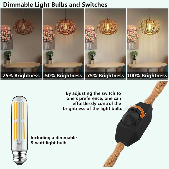 Alt view image 3 of 7 - Plug in Pendant Light Rattan Hanging Lights with Plug in Cord 15FT Hemp Rope Cord, Dimmable Switch Indoor Hanging Lamps for Boho Living Room BedroomBulb Included 11 x 7 inch