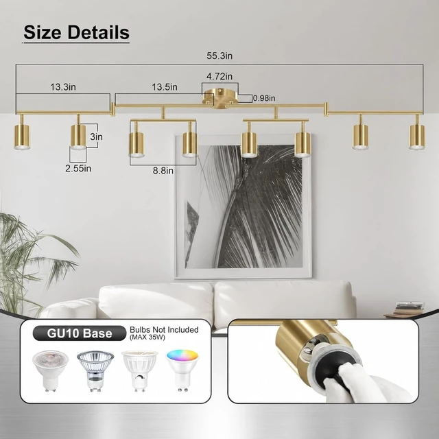 Alt view image 4 of 7 - AUQUEE 8 Light Track Lighting Fixtures Ceiling, Gold Kichen Track Lighting Fixtures, Rotatable Light Heads, Adjustable Modern LED Track Lights for Kitchen/Hallway, No GU10 Bulb