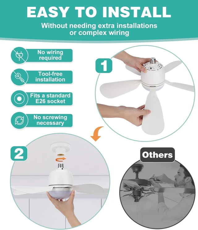 Alt view image 6 of 7 - HK Socket Fan Light Small Ceiling Fan With Light and Remote, 20 Inch Screw-in for E26/E27 Base, 5 Speed Dimmable Mini for Bedroom Kitchen and Small Rooms, White