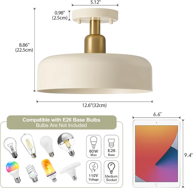 Alt view image 3 of 7 - Semi Flush Mount Ceiling Light Fixture, Brass Accent, 12.6" Metal Shade
