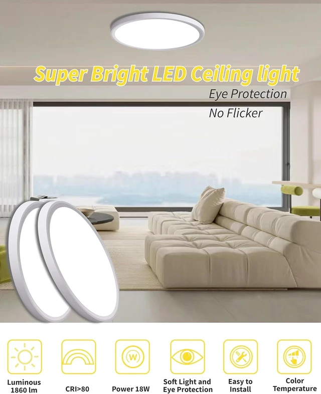 Alt view image 2 of 7 - 6pack 9 Inch Flush Mount Ceiling Light, 18w Led Ceiling Light, 3000k/4000k/6000k Selectable 1860lm Ceiling Light, Super Slim Led Light Fixture For Bedroom Kitchen Living Dining Room Office