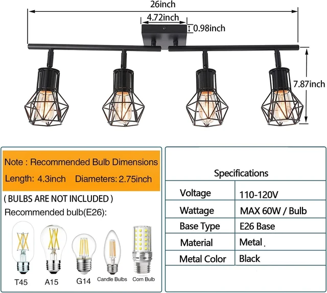 Alt view image 2 of 7 - Track Lighting Fixtures CeilingIndustrial Black Kitchen Track Lighting for Kitchen, Living Room, Dining Room, HallwayE26