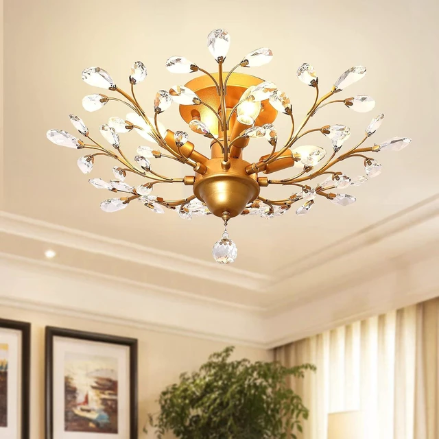 Main image of Ganeed 4-Light Crystal Chandelier, 23.6 Inch Gold Flush Mount Fixture