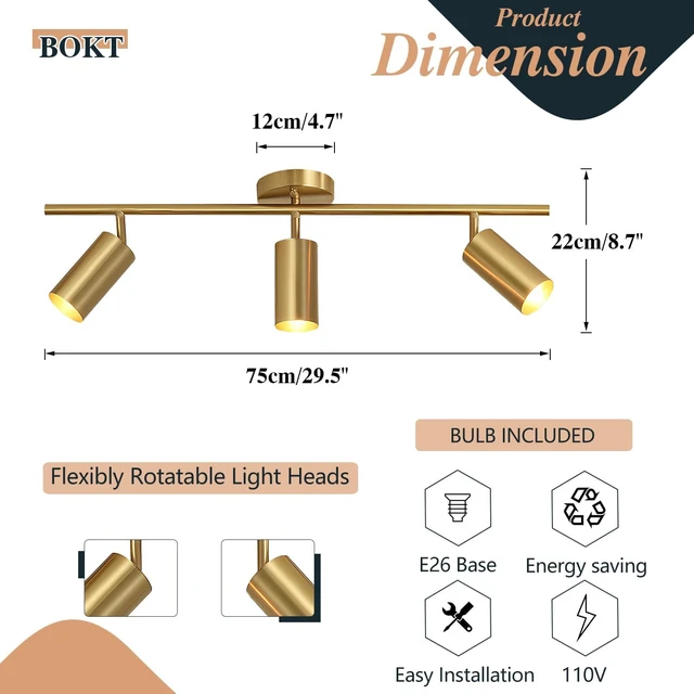 Alt view image 2 of 7 - BOKT Gold 3-Lights Track Lighting Brushed Brass Ceiling Spotlight Light