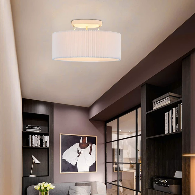 Alt view image 6 of 7 - SomSom Ceiling Light, 15'' Modern Stripe Fabric Pendant Light Shade Flush Mount, Large Drum Lampshade, Lamps for bedrooms, Flush Chrome Matt, 3 Bulbs