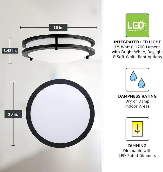 Alt view image 4 of 6 - Designers Fountain Flush Mount Ceiling Light, 10 Inch Round LED DC Lighting Fixture Kitchen, Bedroom, Bathroom, and Hallway, Dimmable, 1150 Lumens, 3000K/4000K/5000K, Matte Black, EV1410C3C-43