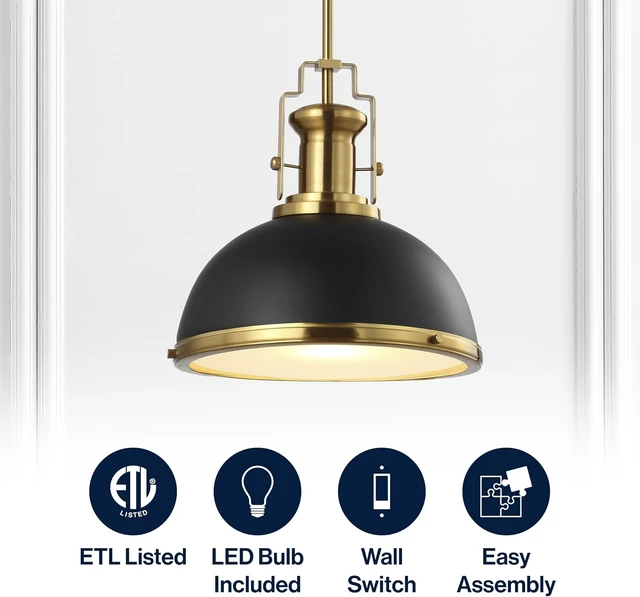 Alt view image 3 of 7 - JONATHAN Y Homer Industrial Dome Pendant 13", Black/Brass Gold