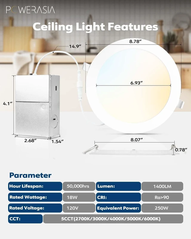 Alt view image 2 of 7 - POWERASIA 6 Pack 8 Inch LED Recessed Lighting, 5CCT Canless Wafer, White