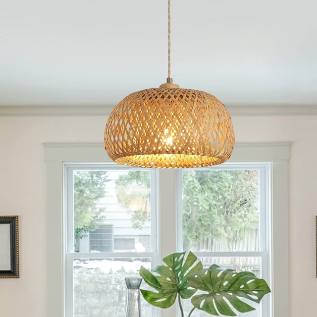 Alt view image 3 of 7 - Bamboo Pendant Light Fixture One-Light Adjustable Boho Basket Handmade Woven Pendant Lighting for Kitchen Island Sink Farmhouse Dining Room