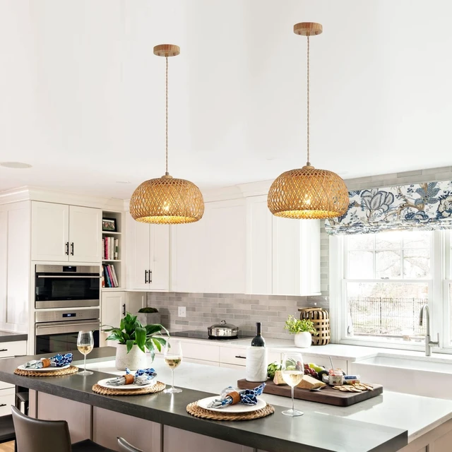 Alt view image 2 of 7 - Bamboo Pendant Light Fixture One-Light Adjustable Boho Basket Handmade Woven Pendant Lighting for Kitchen Island Sink Farmhouse Dining Room