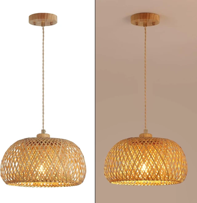 Alt view image 7 of 7 - Bamboo Pendant Light Fixture One-Light Adjustable Boho Basket Handmade Woven Pendant Lighting for Kitchen Island Sink Farmhouse Dining Room