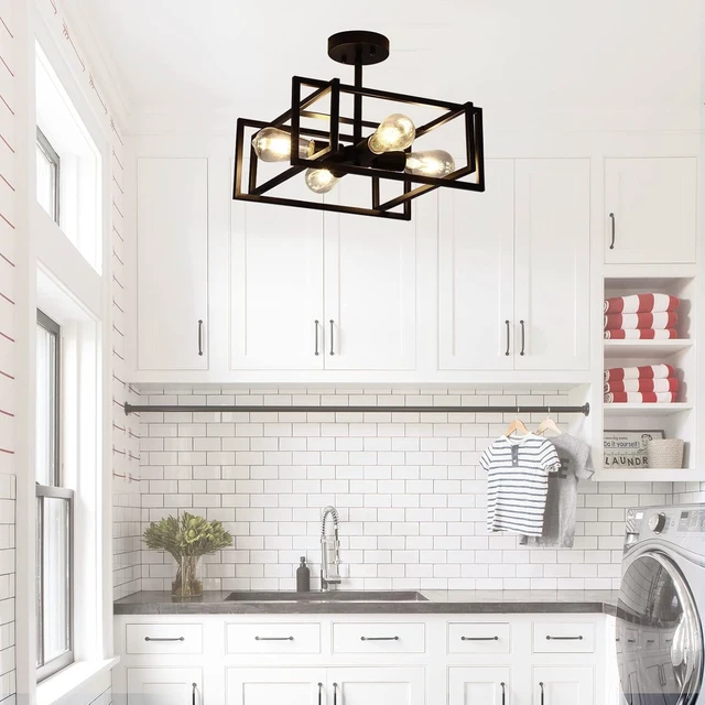 Alt view image 2 of 7 - Black Ceiling Light Fixtures - 4-Light Industrial Farmhouse Flush Mount Ceiling Lighting,Vintage Metal Chandelier Ceiling Lamp for Kitchen Living Room Bedroom Hallway Laundry Entryway