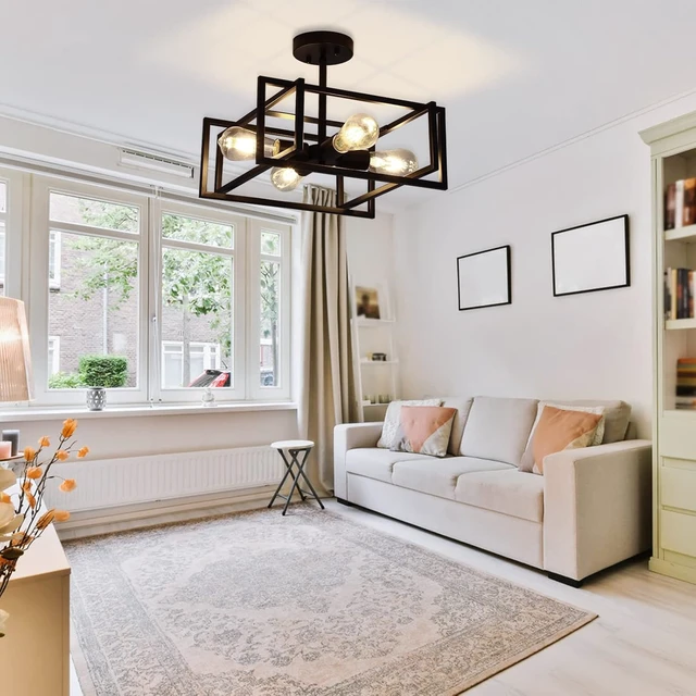 Alt view image 3 of 7 - Black Ceiling Light Fixtures - 4-Light Industrial Farmhouse Flush Mount Ceiling Lighting,Vintage Metal Chandelier Ceiling Lamp for Kitchen Living Room Bedroom Hallway Laundry Entryway