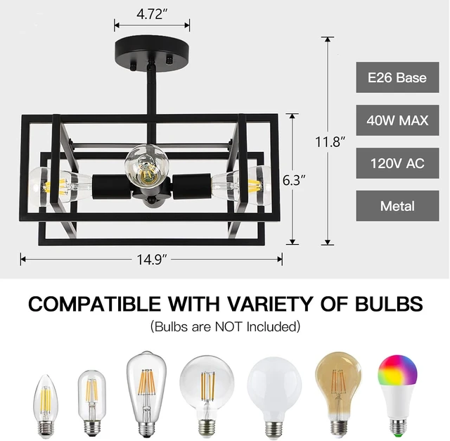 Alt view image 5 of 7 - Black Ceiling Light Fixtures - 4-Light Industrial Farmhouse Flush Mount Ceiling Lighting,Vintage Metal Chandelier Ceiling Lamp for Kitchen Living Room Bedroom Hallway Laundry Entryway