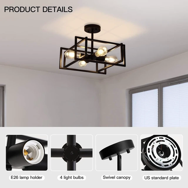 Alt view image 6 of 7 - Black Ceiling Light Fixtures - 4-Light Industrial Farmhouse Flush Mount Ceiling Lighting,Vintage Metal Chandelier Ceiling Lamp for Kitchen Living Room Bedroom Hallway Laundry Entryway
