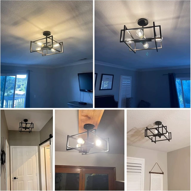 Alt view image 7 of 7 - Black Ceiling Light Fixtures - 4-Light Industrial Farmhouse Flush Mount Ceiling Lighting,Vintage Metal Chandelier Ceiling Lamp for Kitchen Living Room Bedroom Hallway Laundry Entryway