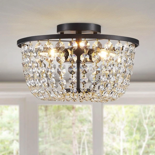 Main image of WUZUPS Crystal Chandelier Flushmount Ceiling Light Modern Lighting Fixture for Bedroom Hallway Bar Kitchen Bathroom, H 8.4" x W 13", Black, E12 Base