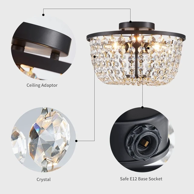 Alt view image 3 of 7 - WUZUPS Crystal Chandelier Flushmount Ceiling Light Modern Lighting Fixture for Bedroom Hallway Bar Kitchen Bathroom, H 8.4" x W 13", Black, E12 Base