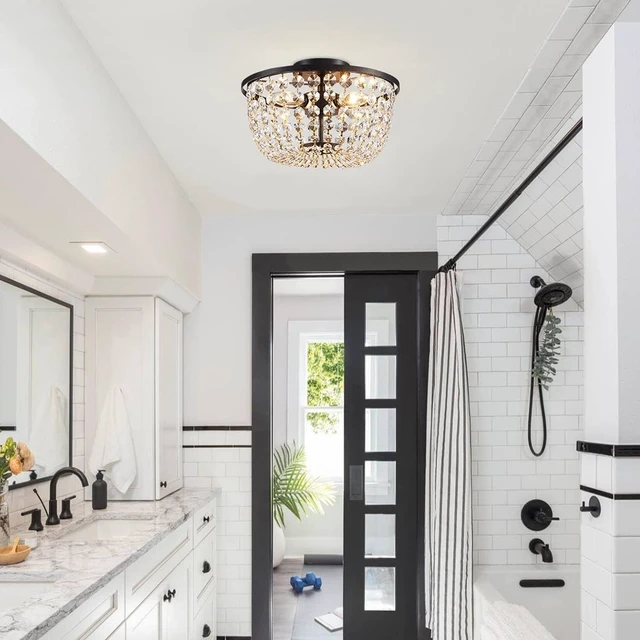 Alt view image 6 of 7 - WUZUPS Crystal Chandelier Flushmount Ceiling Light Modern Lighting Fixture for Bedroom Hallway Bar Kitchen Bathroom, H 8.4" x W 13", Black, E12 Base
