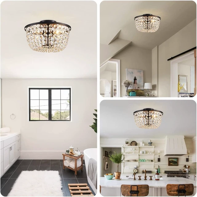 Alt view image 5 of 7 - WUZUPS Crystal Chandelier Flushmount Ceiling Light Modern Lighting Fixture for Bedroom Hallway Bar Kitchen Bathroom, H 8.4" x W 13", Black, E12 Base