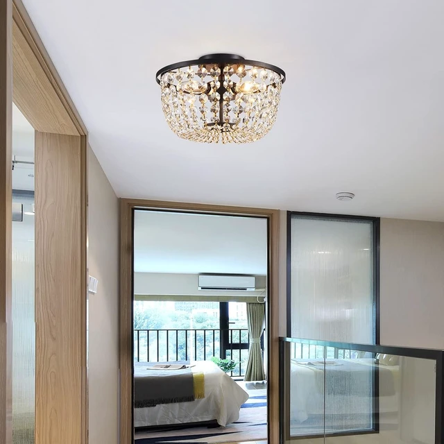 Alt view image 7 of 7 - WUZUPS Crystal Chandelier Flushmount Ceiling Light Modern Lighting Fixture for Bedroom Hallway Bar Kitchen Bathroom, H 8.4" x W 13", Black, E12 Base
