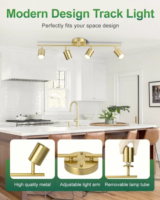 Alt view image 3 of 7 - 4 Ways Gold Track Lighting Fixtures Ceiling Gu10 Bulbs Not Included