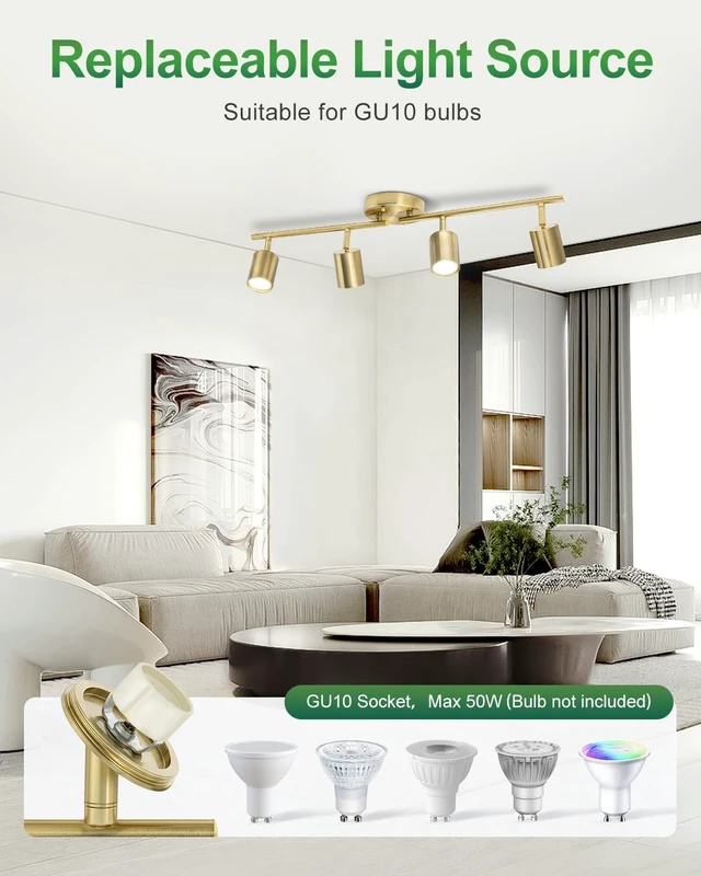 Alt view image 4 of 7 - 4 Ways Gold Track Lighting Fixtures Ceiling Gu10 Bulbs Not Included
