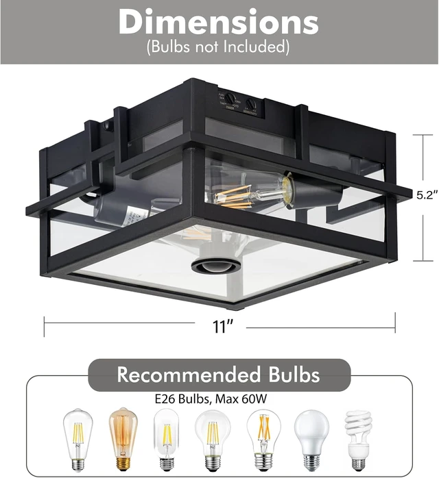 Alt view image 2 of 7 - Upgraded Motion Sensor Outdoor Ceiling Light,outdoor flush mount porch light with Adjustable sensor, Dusk to Dawn 2-Light Outdoor Light Fixture Ceiling Mount with Clear Glass for Porch Garage Patio