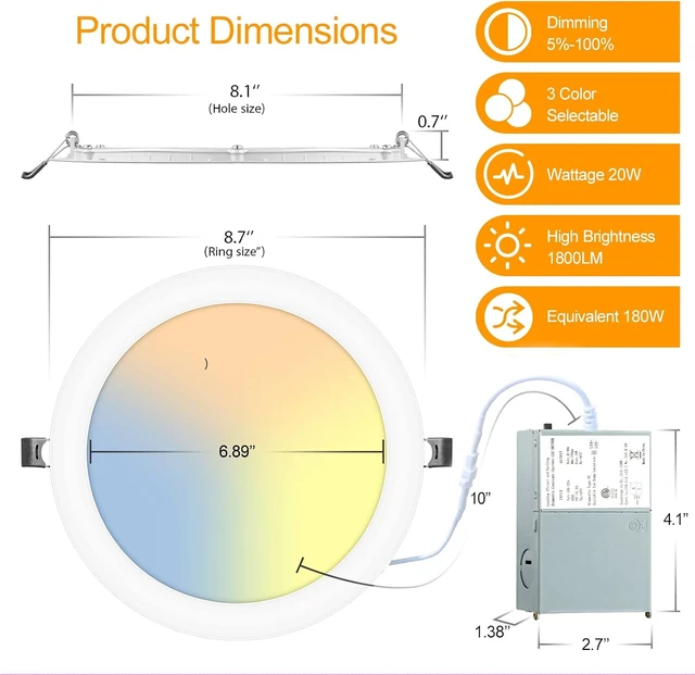Alt view image 4 of 7 - LZHOME 2 Pack 8 Inch LED Recessed Light- Ultra-Thin Recessed Ceiling Lighting with Junction Box, 3000K/4500K/6000K Selectable, 1800LM High Brightness, Dimmable Canless Downlight Fixtures