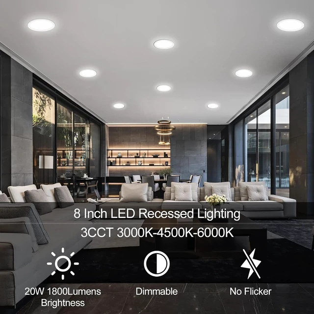 Alt view image 7 of 7 - LZHOME 2 Pack 8 Inch LED Recessed Light- Ultra-Thin Recessed Ceiling Lighting with Junction Box, 3000K/4500K/6000K Selectable, 1800LM High Brightness, Dimmable Canless Downlight Fixtures