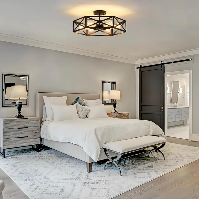 Alt view image 2 of 7 - Black Modern Farmhouse Metal Semi Flush Mount Ceiling Light Fixture 19.7 in
