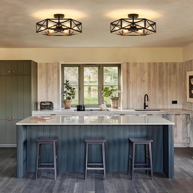 Alt view image 5 of 7 - Black Modern Farmhouse Metal Semi Flush Mount Ceiling Light Fixture 19.7 in
