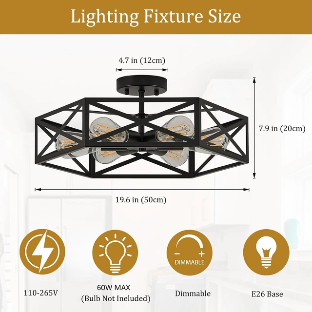 Alt view image 3 of 7 - Black Modern Farmhouse Metal Semi Flush Mount Ceiling Light Fixture 19.7 in