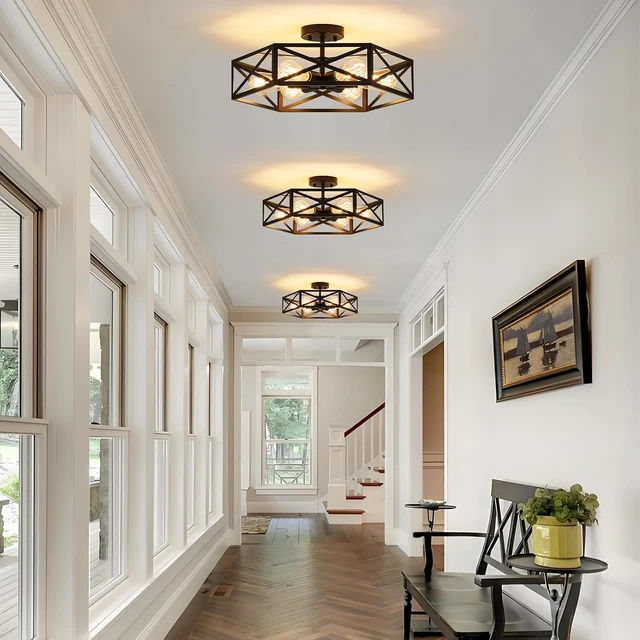 Alt view image 4 of 7 - Black Modern Farmhouse Metal Semi Flush Mount Ceiling Light Fixture 19.7 in