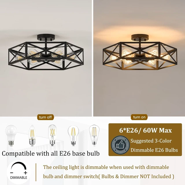 Alt view image 7 of 7 - Black Modern Farmhouse Metal Semi Flush Mount Ceiling Light Fixture 19.7 in