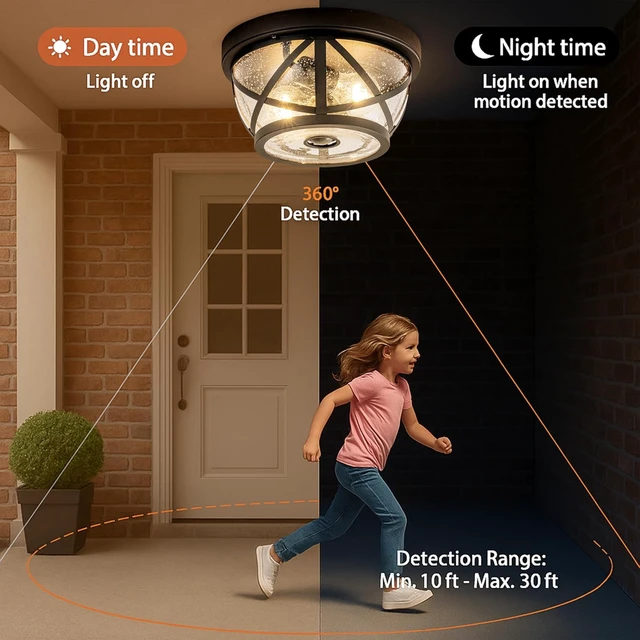 Alt view image 2 of 7 - Motion Sensor Ceiling Light Fixture Outdoor Flush Mount Manual Dusk to Dawn Matte Black Waterproof Indoor Ceiling Light Fixture with Seeded Glass for Front Porch Garage Entrance