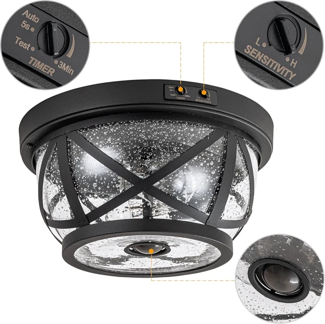 Alt view image 4 of 7 - Motion Sensor Ceiling Light Fixture Outdoor Flush Mount Manual Dusk to Dawn Matte Black Waterproof Indoor Ceiling Light Fixture with Seeded Glass for Front Porch Garage Entrance