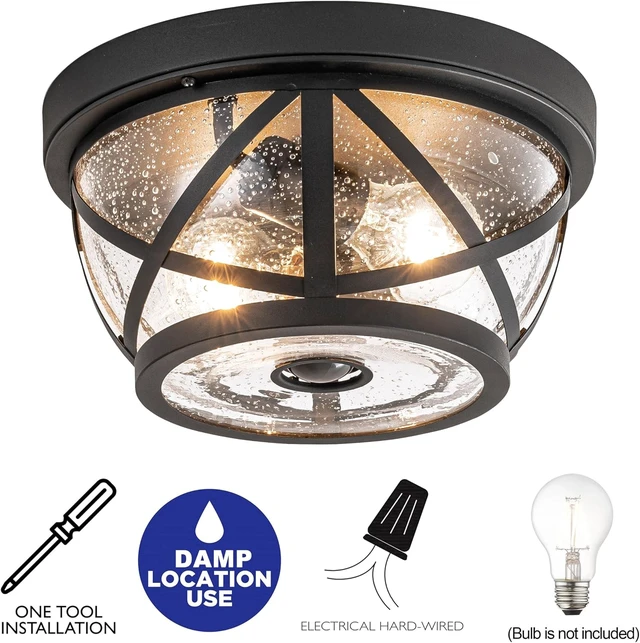 Alt view image 5 of 7 - Motion Sensor Ceiling Light Fixture Outdoor Flush Mount Manual Dusk to Dawn Matte Black Waterproof Indoor Ceiling Light Fixture with Seeded Glass for Front Porch Garage Entrance