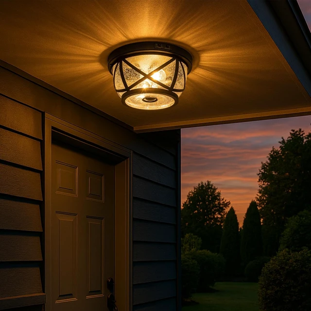 Alt view image 7 of 7 - Motion Sensor Ceiling Light Fixture Outdoor Flush Mount Manual Dusk to Dawn Matte Black Waterproof Indoor Ceiling Light Fixture with Seeded Glass for Front Porch Garage Entrance