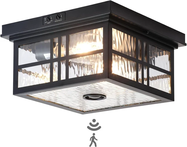 Main image of CALOKES Industrial Motion Sensor Outdoor Flush Mount Ceiling Light, Water Ripple Glass Square Black 2-Light Ceiling Lamp for Porch, Entryway, and Garage, Timer and Sensitivity Adjustable