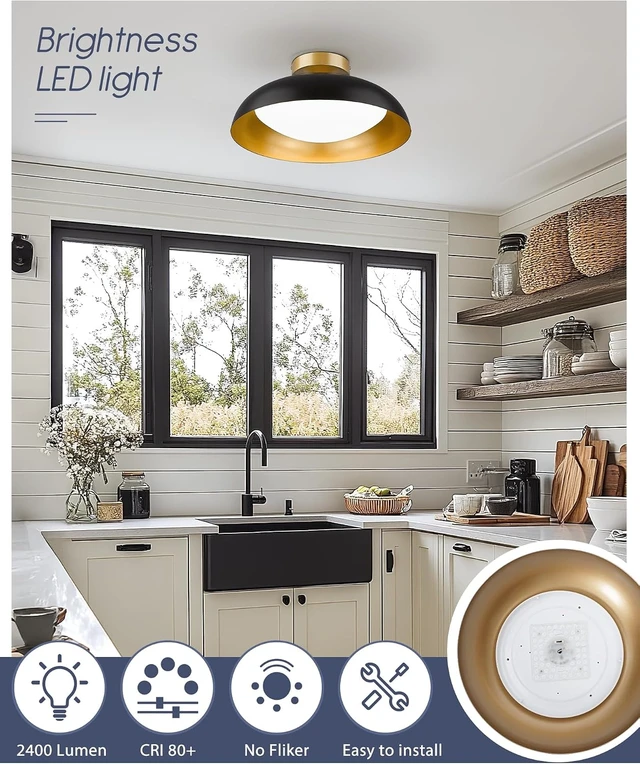 Alt view image 2 of 7 - kudos Flush Mount Ceiling Light, 16-inch LED Ceiling Light Fixture, Black and Gold Finish, 24W 2400lm Light Fixtures for Living Room, Kitchen, Bedroom, Hallway, 5CCT Adjustable, KDCL02-BK