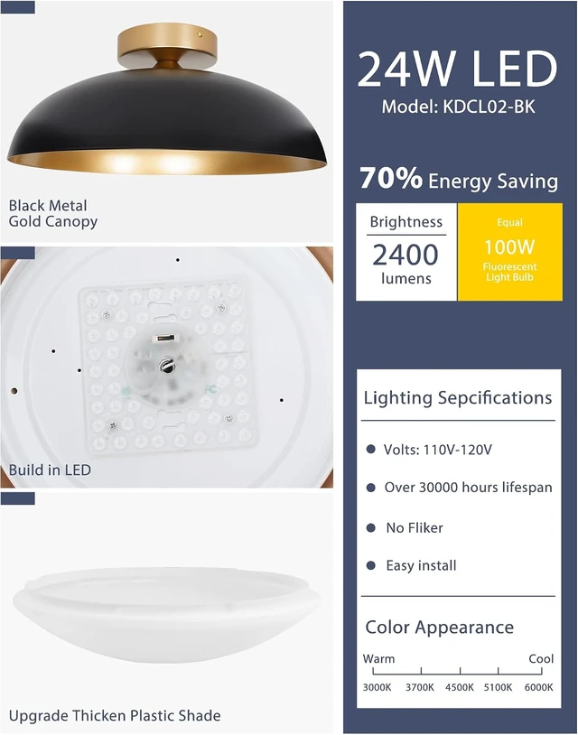 Alt view image 4 of 7 - kudos Flush Mount Ceiling Light, 16-inch LED Ceiling Light Fixture, Black and Gold Finish, 24W 2400lm Light Fixtures for Living Room, Kitchen, Bedroom, Hallway, 5CCT Adjustable, KDCL02-BK