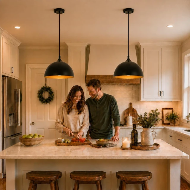Alt view image 2 of 7 - Farmhouse Pendant Lighting for Kitchen Island,Black and Gold Dome Pendant Light Fixtures, Industrial Hanging Ceiling Light for Dining Room Foyer Cafe Kitchen Sink,2 Pack