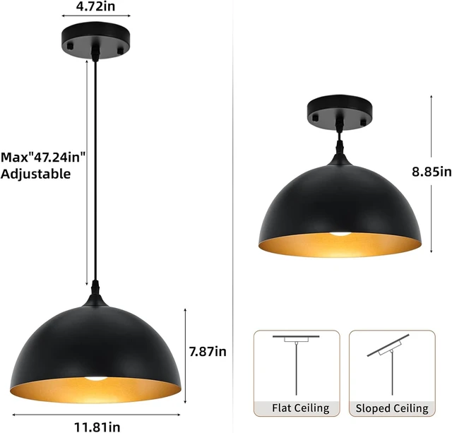 Alt view image 6 of 7 - Farmhouse Pendant Lighting for Kitchen Island,Black and Gold Dome Pendant Light Fixtures, Industrial Hanging Ceiling Light for Dining Room Foyer Cafe Kitchen Sink,2 Pack