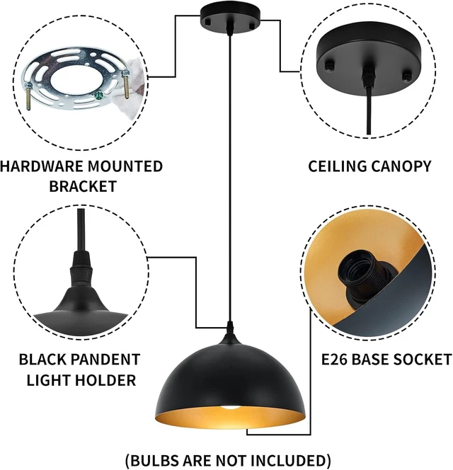 Alt view image 7 of 7 - Farmhouse Pendant Lighting for Kitchen Island,Black and Gold Dome Pendant Light Fixtures, Industrial Hanging Ceiling Light for Dining Room Foyer Cafe Kitchen Sink,2 Pack