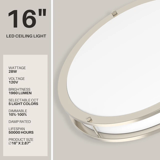 Alt view image 2 of 7 - DYMOND LED Ceiling Light Flush Mount Dimmable Adjustable Lighting from Warm White to Daylight 2700K 3000K 3500K 4000K 5000K 5 in 1 Selectable CCT (Brushed Nickel, 16 Inch)
