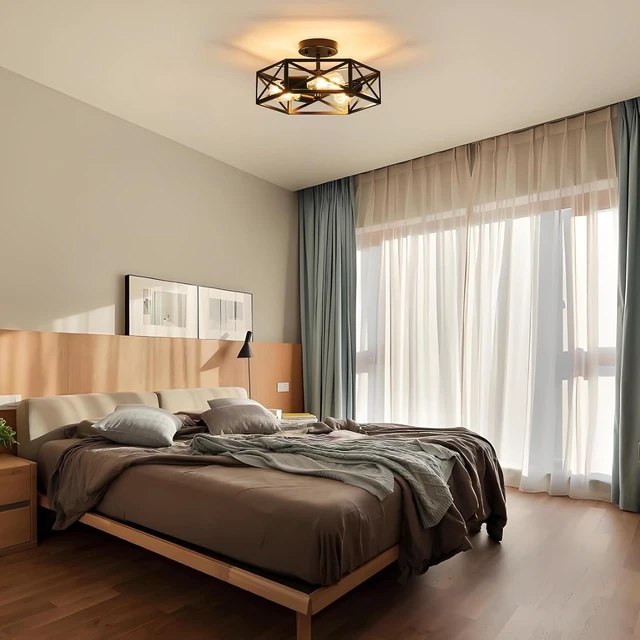 Alt view image 4 of 7 - Black Modern Farmhouse Metal Semi Flush Mount Ceiling Light Fixture 14.6 in